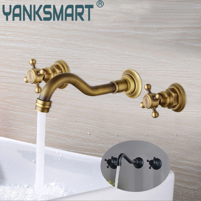 YANKSMART 3 Pcs Antique Brass Bathtub Shower Faucet Double Handles Control Wall Mounted Waterfall Basin Faucet Mixer Water Tap