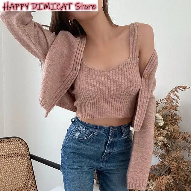 

Cardigan Sweater Jumper 2 Piece Tops Autumn Winter Women with Camis Crop Knitted
