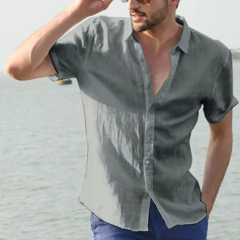 Summer Cotton Linen Shirts For Men Casual Short Sleeved Shirts Blouses Solid Turn-Down Collar Formal Beach Shirts Male Clothing 3