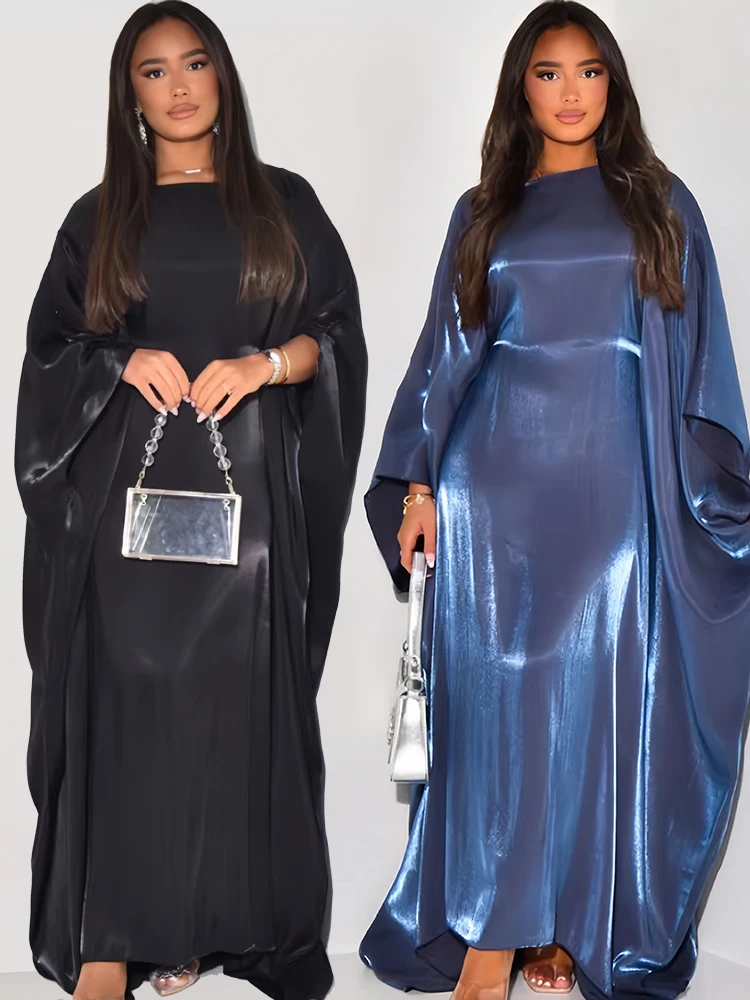Batwing Butterfly Sleeve Satin Khimar Abaya Dubai Muslim Maxi Dress Kaftan Abayas For Women Kebaya Caftan Robe Femme Vestidos