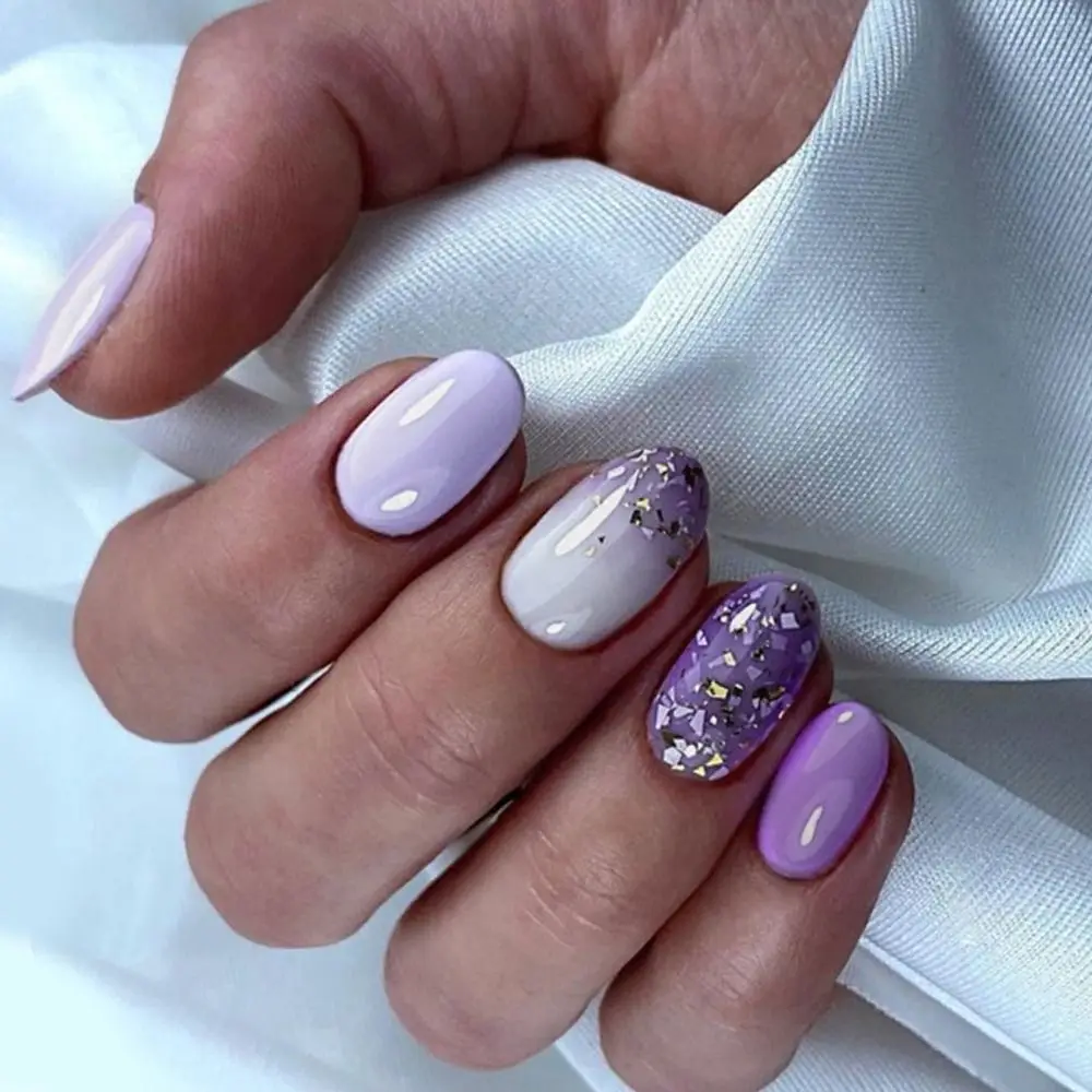 

Short Round False Nails Fashion French Glitter Fake Nails Full Cover Detachable Nail Tips for Salon