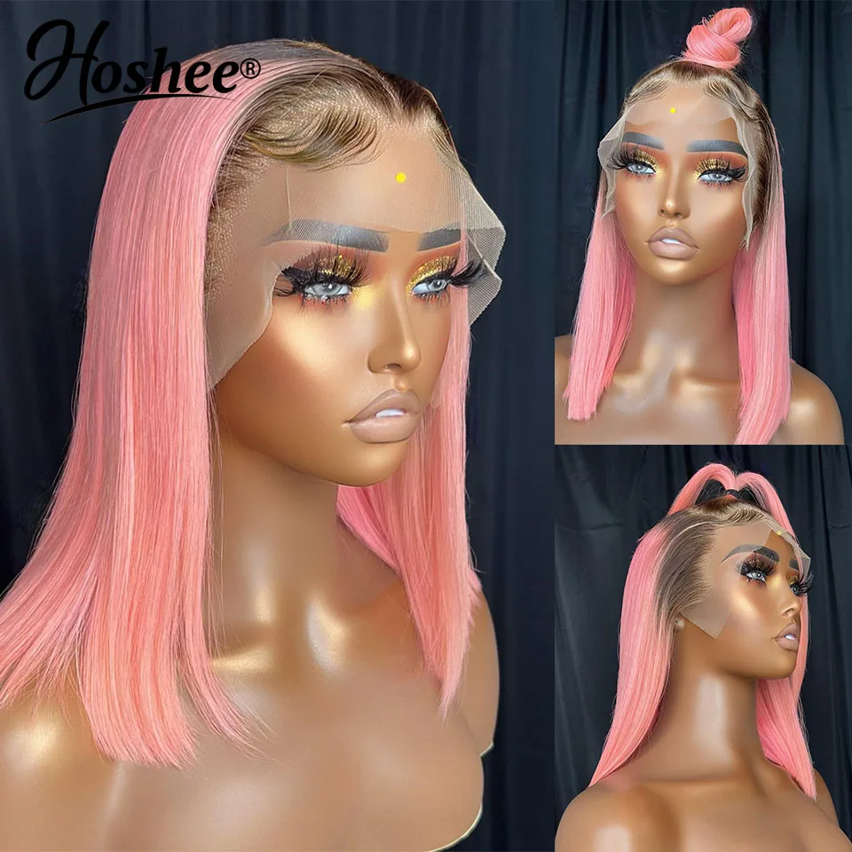 Ombre Light Pink Short Bob Wigs Human Hair For Women 13X4 Lace Frontal Bob Wigs Colored Part Lace Pre-Plucked