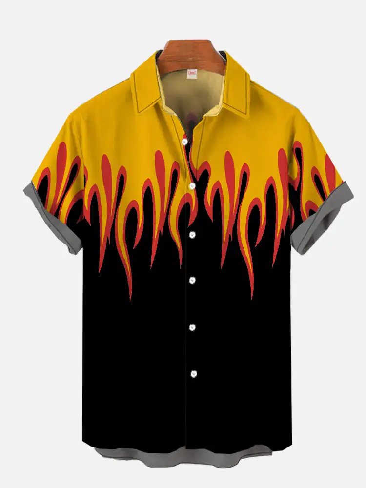 

Мужская рубашка с 3D-принтом пламени, Гавайская Повседневная рубашка с коротким рукавом, модная пляжная рубашка с лацканами для отпуска, мужская летняя рубашка на пуговицах