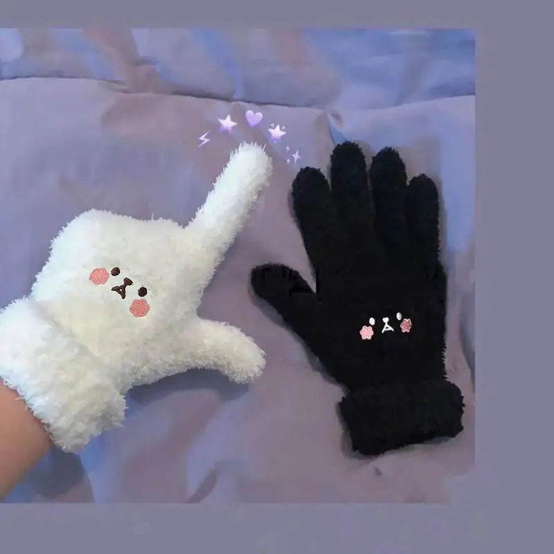 Adorable Gloves Portable Winter Gloves Cute Soft Fluffy Plush Winter Gloves Cartoon Bear Winter Warm Full Finger Gloves