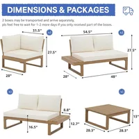 4 Piece Acacia Wood L-Shaped Outdoor Sectional Sofa Set with Built-in Side Table and Cream White Cushions, Conversation Set 2