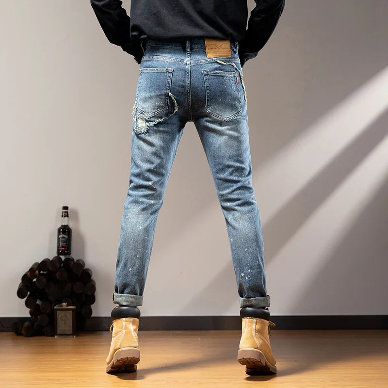 Speckled Embroidered Horse Jeans Men's High Elastic Loose Hole 3D Worn Zipper Bleached Slim Fit Straight Leg Pants Flaps Winter2