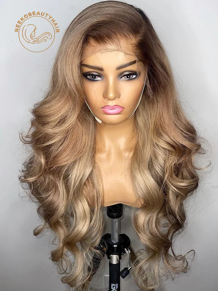Honey Blonde Lace Front Wig Body Wave 13x6 HD Transparent Lace Frontal Wig Ombre Blonde Colored Human Hair Wigs With Brown Root