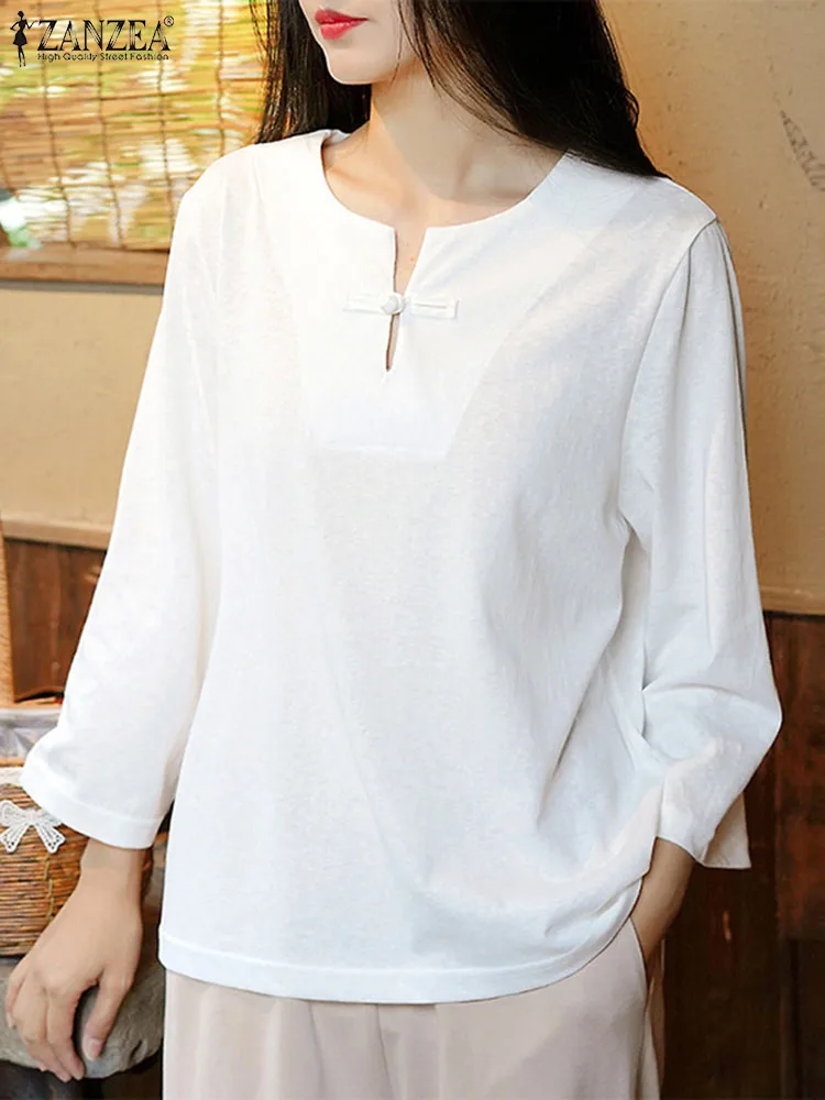 

Элегантная Свободная рубашка на пуговицах в виде лягушки, Женская однотонная хлопковая блузка ZANZEA 2024, летняя винтажная туника с круглым вырезом, Повседневные базовые Блузы