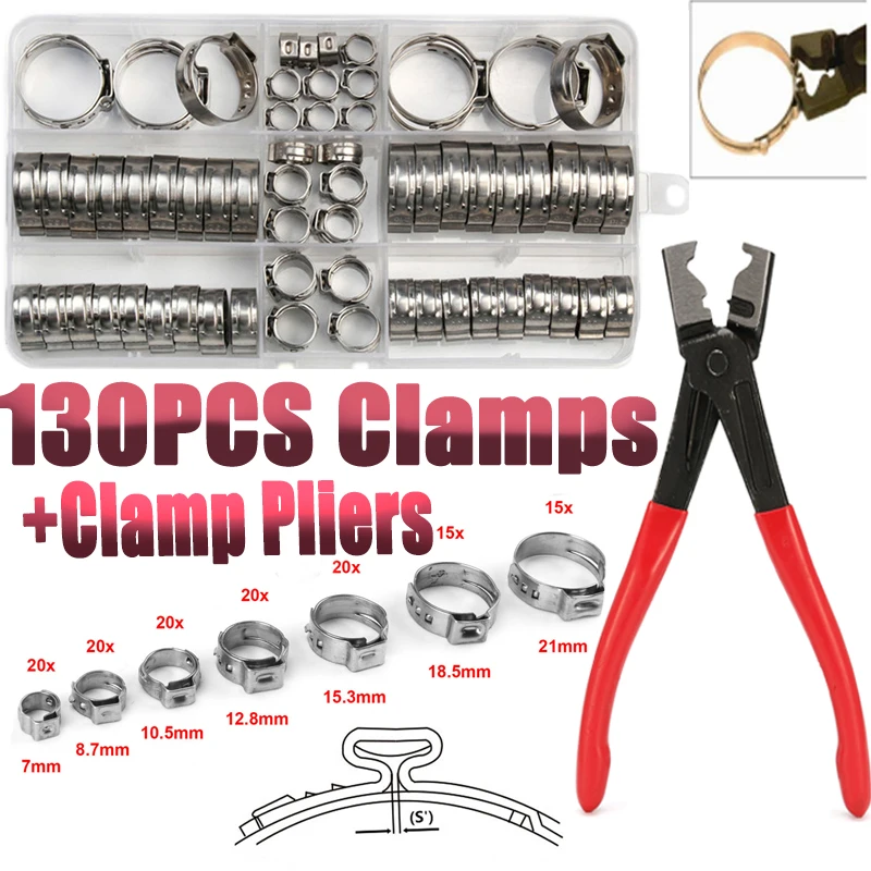 130pcs 304 Stainless Steel Single Ear Stepless Hose Clamps Clamp