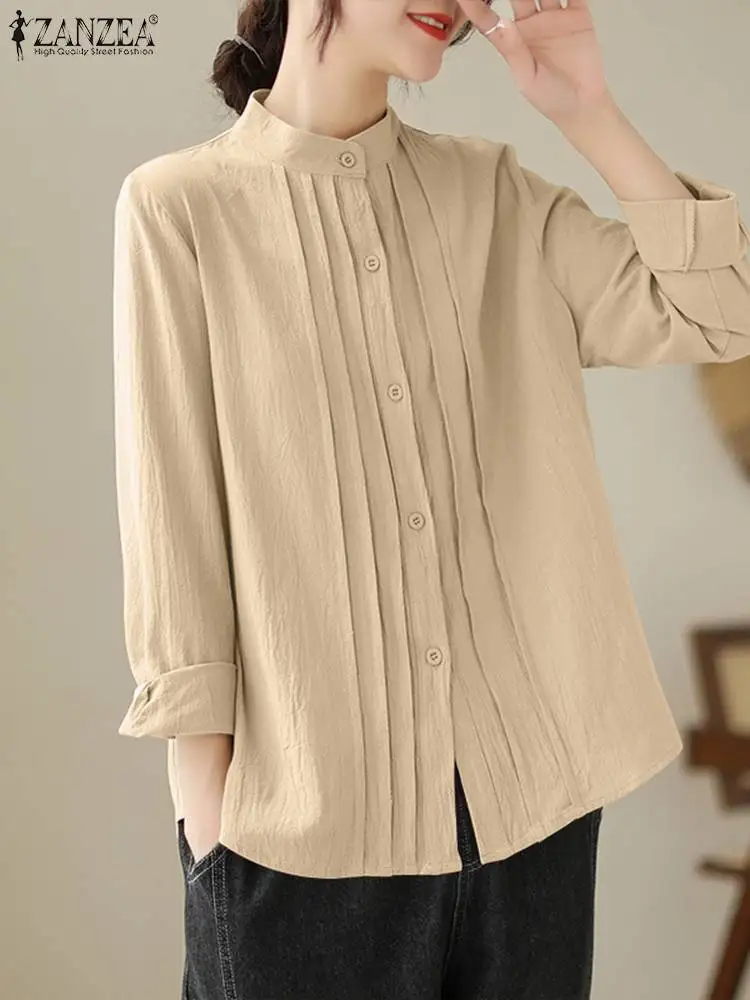 

Elegant Solid Shirts ZANZEA Women's Autumn Tops Casual Long Sleeve Stand Neck Shirt Vintage Loose Buttons Blouse Tunic Blusas