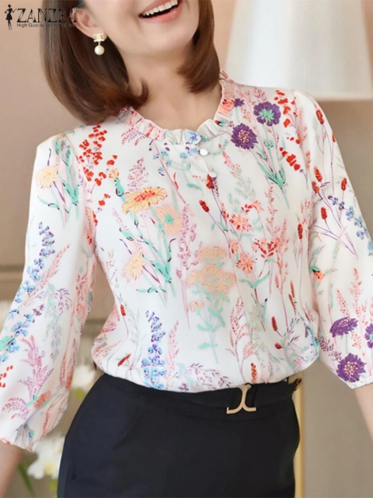 Women Floral Print Bohemian Blouse 3/4 Puff Sleeve Casual Top