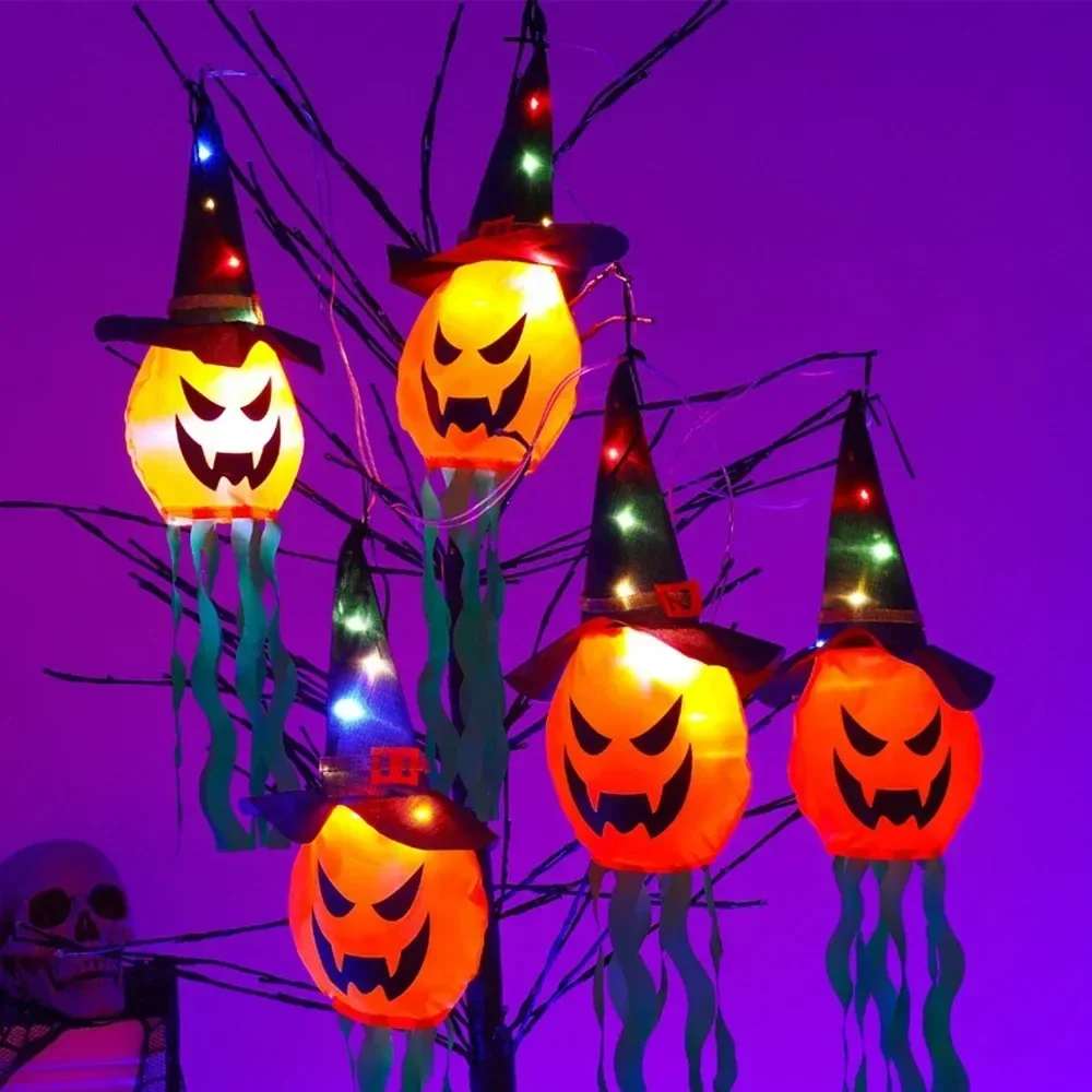 2PCS Flashing LED Pumpkin Lamp Halloween Ghost Hat Glowing Wizard Light for Party Hanging Decor Ghost Festival