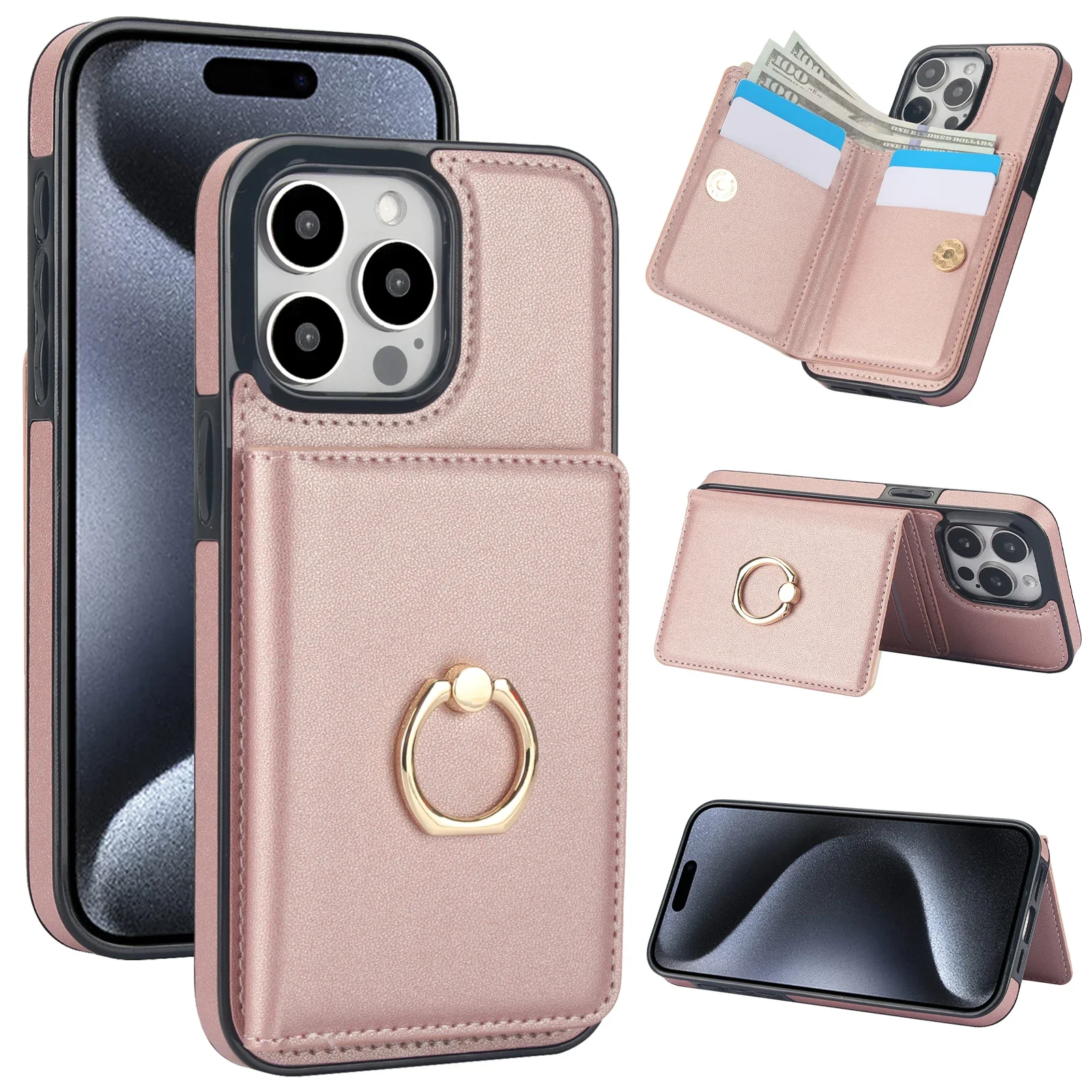 Leather RFID Card Holder Wallet with Ring Stand and Pocket Cover