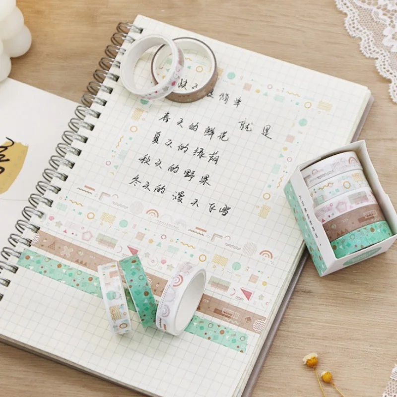 레트로 기하학 시리즈 테이프 5롤 마스킹 테이프 일기 재료 스크랩북 잡지 사진 앨범 장식 테이프