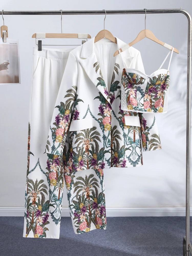 Bedruckte Oversize-Mäntel Korsett-Tops Hosenanzüge Damen Elegante Revers-Jacke mit Langen Ärmeln Weite Hosen Schicke Damen-Outfits – Detail 3