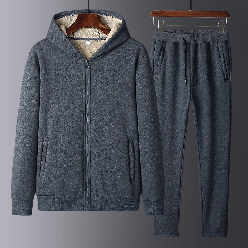 New Men'S Autumn Winter Fashion Middle-Aged And Elderly Leisure Thickened Warm Pure Cotton Hooded Lamb Cashmere Sports Set