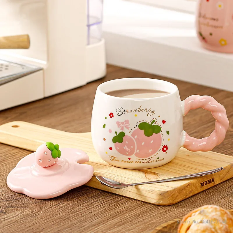 Creative Ceramic Cartoon Strawberry Pattern Milk Cup, with Cover, Chinese Style Home Office Supplies, Handle, Breakfast Mug, 1Pc