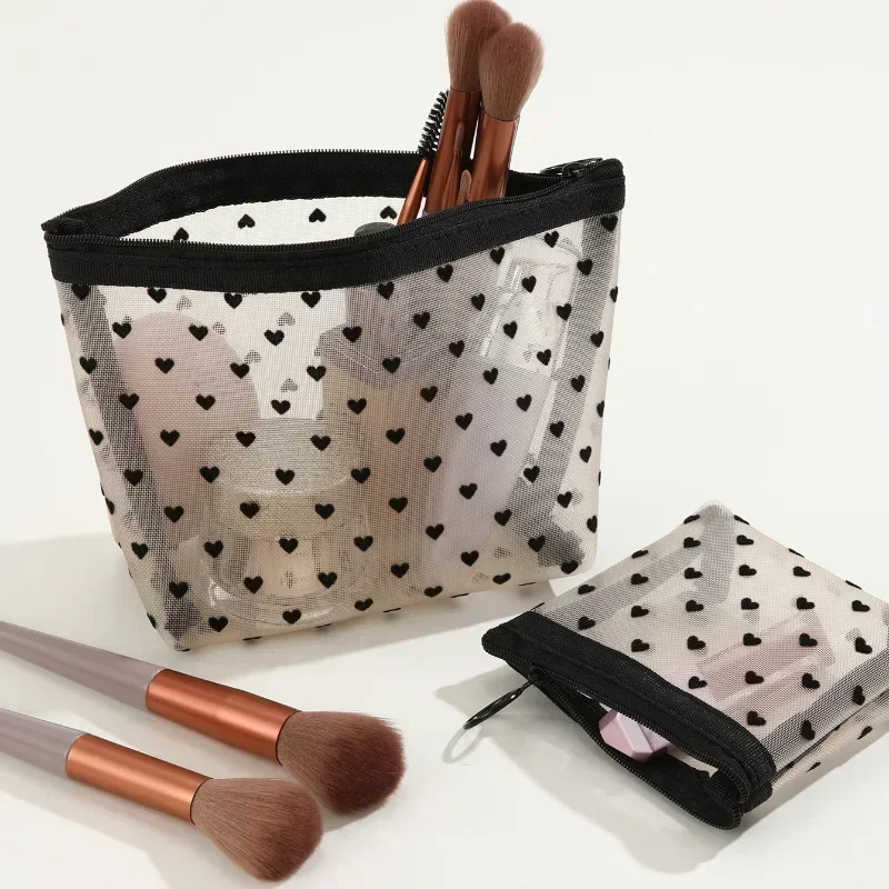 Heart-Shaped Nylon Mesh Cosmetic Bag – Multifunctional Zipper Pouch