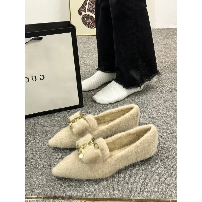 

SLTNX 2023 Winter New Women Wear Woolen Shoes Plus Velvet Bean Shoes Fashion Lazy Comfortable Slip-on Warm Pointed Korean Wedges