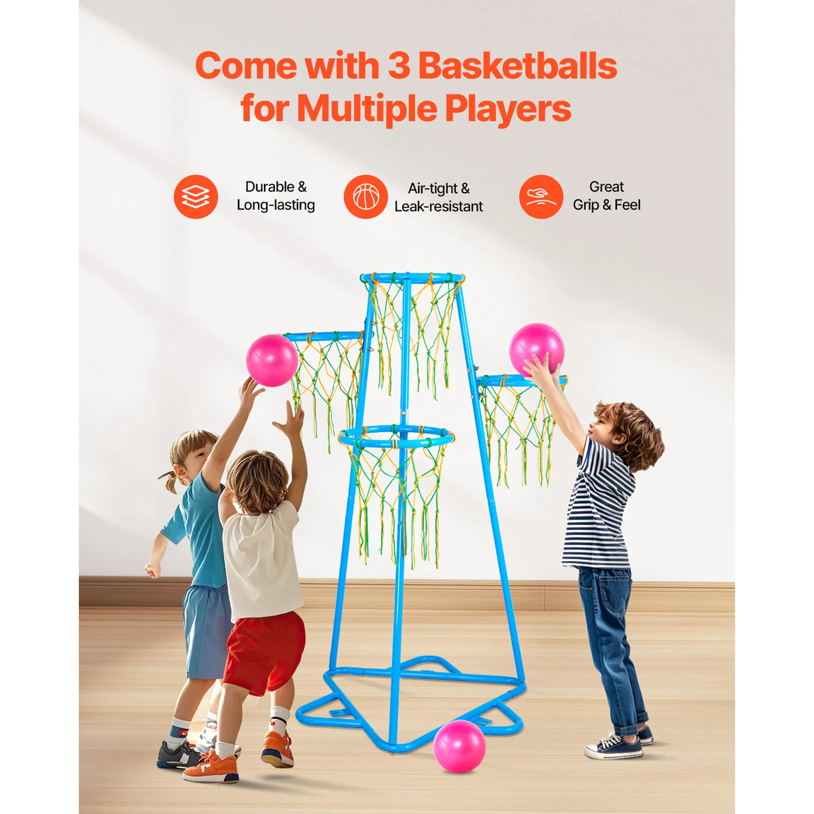 SucceBuy 4-Hoop Kids Basketball Hoop Stand with Adjustable Heights & 3 Balls for Boys Girls Indoor Outdoor Basketball Sport Toys