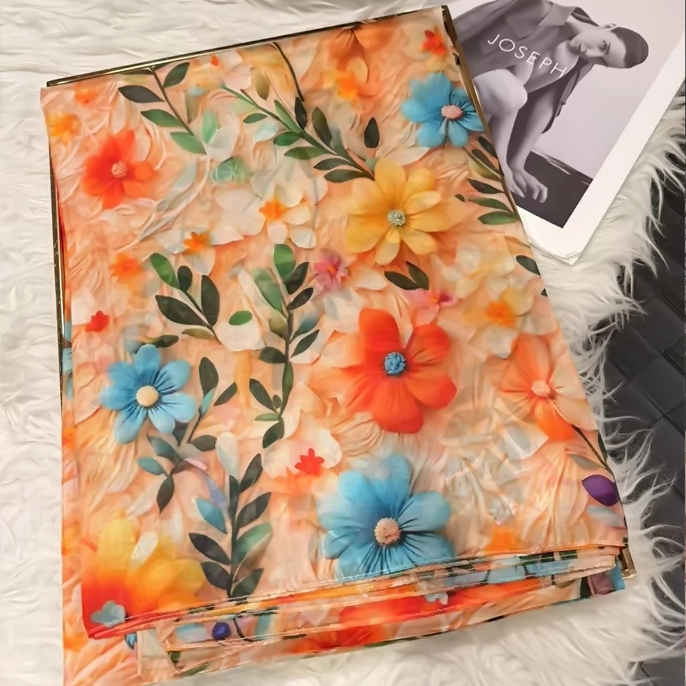 Elegant Orange and Blue 100% Mulberry Silk Floral Scarf - Versatile Summer Wrap/Shawl