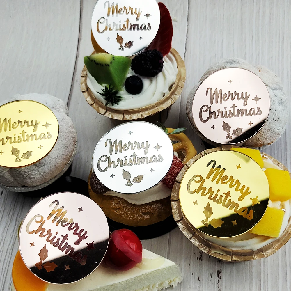 5pcs Merry Christmas Cake Topper Gold Silver Cake Decor Tools Snowflake Round Christmas Cake Decorations Xmas Party Supplies