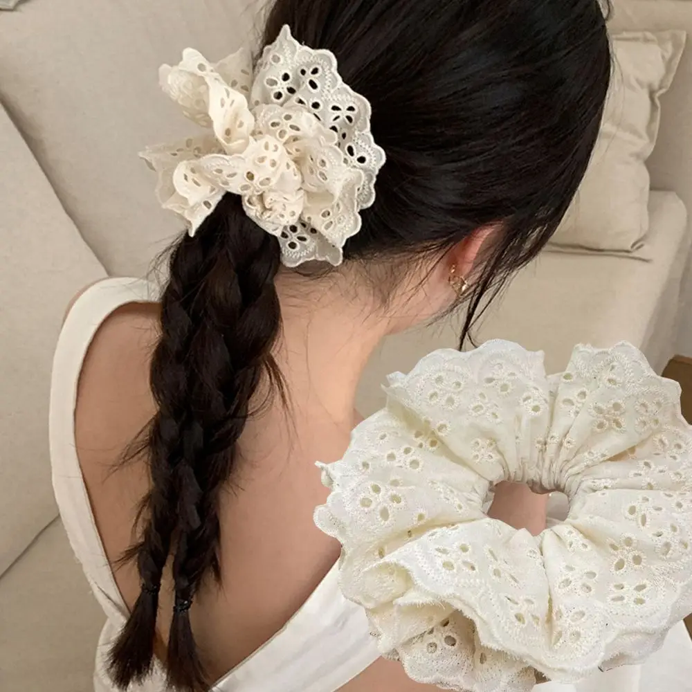 New Oversized Lace French Hair Scrunchies For Women Korean White Lace Cotton Pleated Hair Rope Ponytail Holder Hair Accessories cotton rope hammock double natural