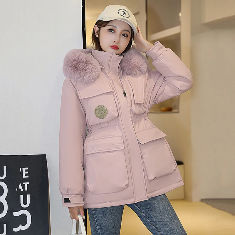 

2023 New Winter Women Cotton Padded Jacket Casual Big Fur Collar Hooded Parkas Coat Fur Fur Lining Women Warm Windproof Outwear