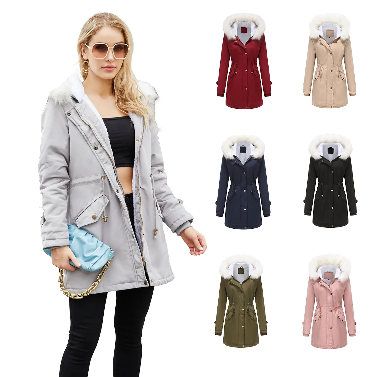 

Fall/Winter 2023 detachable fur collar women's pie overcomes long sleeve hooded cotton coat cotton jacket cotton clothing woman
