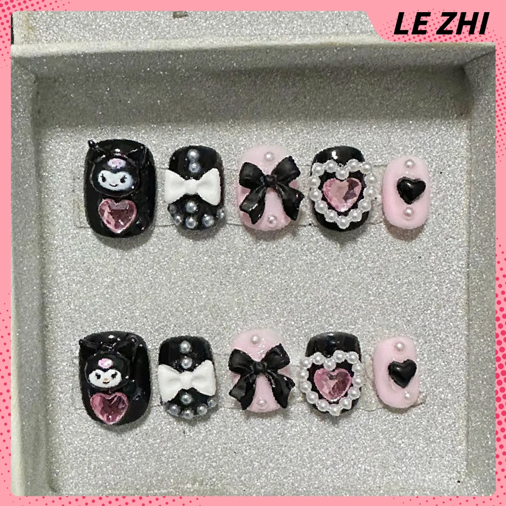 

Kawaii Kuromi Short Square Pure Handmade Press on Nails Luxury Rhinestone Design Heart-shaped Pearl Nail Tips Art Party Gift