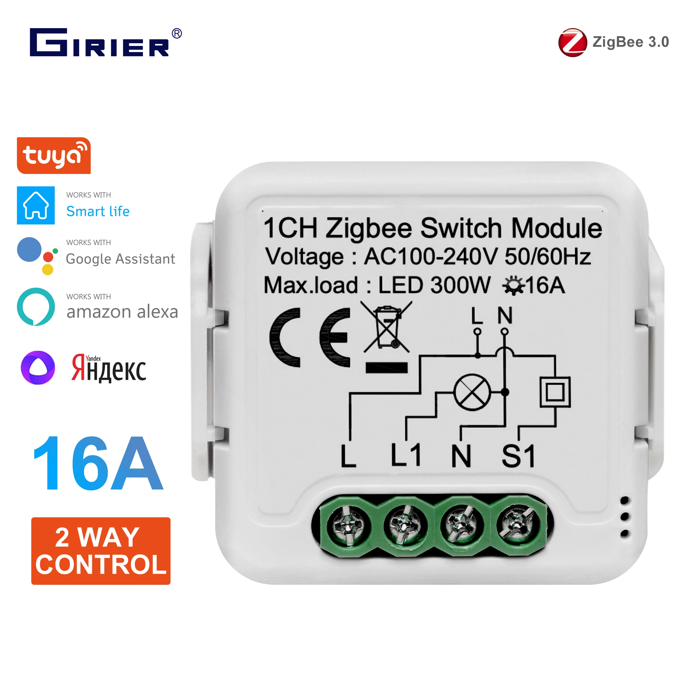 Zigbee WiFi Mini Smart Switch Relay Module 2 Way Dual-Mode Control 16A  Switch for Smart Home Automation, Compatible with Alexa Google Home