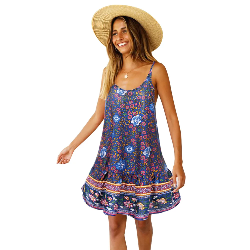 Summer Ruffle Floral Print Beach Dress Women Clothes 2019 Sexy Backless Spaghetti Strap Short Dresses Elegant Beach Cover Ups