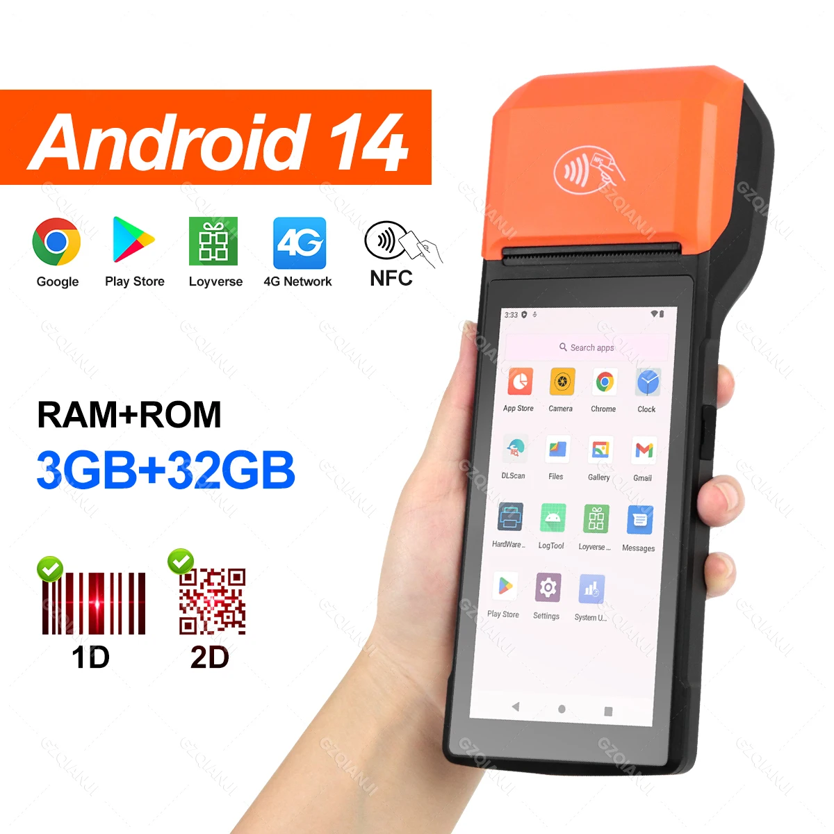 Terminal POS portátil Android 13/8.1 3G 4G con impresora térmica de 58 mm, escáner 1D 2D, lector NFC, RAM 3 GB, ROM 32 GB, dispositivo móvil