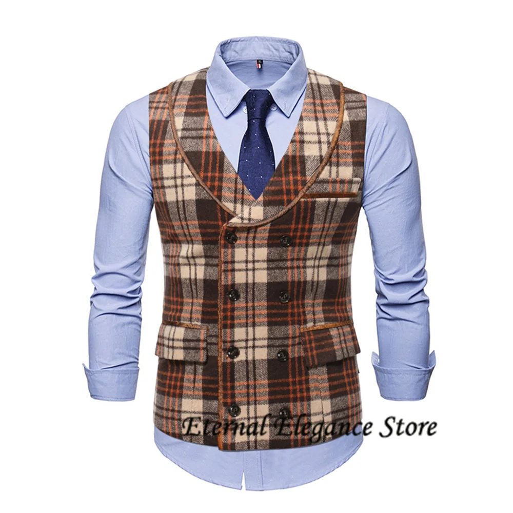 

Vintage Men's Suit Vest Tweed Plaid Vest V Neck Men's Clothing Waistcoat Double Breasted Vests For Men жилетка мужская костюмная