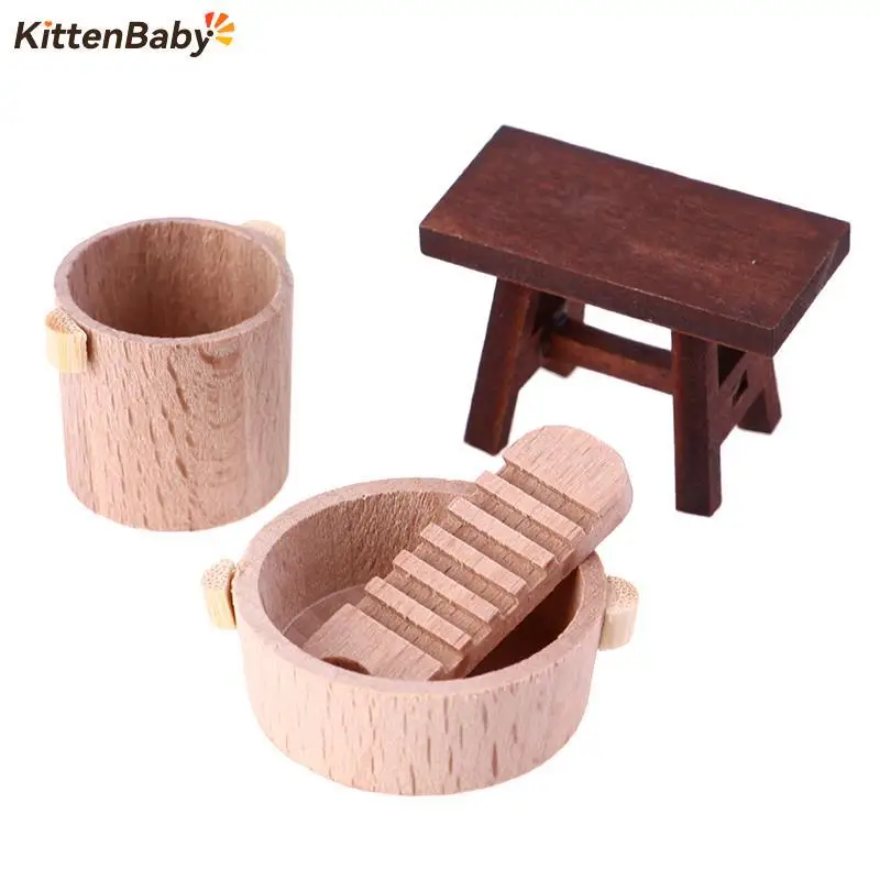 

3Pcs/4Pcs 1:12 Dollhouse Miniature Bench Laundry Tub Foot Bucket Washboard Bathroom Furniture Model Doll Play House Toy