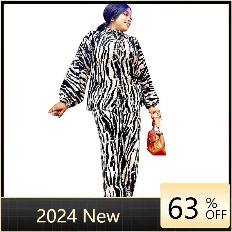 

Plus Size African Tops Pants Suits for Women 2023 New Dashiki Ankara Embroidery Diamond Outfits Ladies Wedding Party Clothing