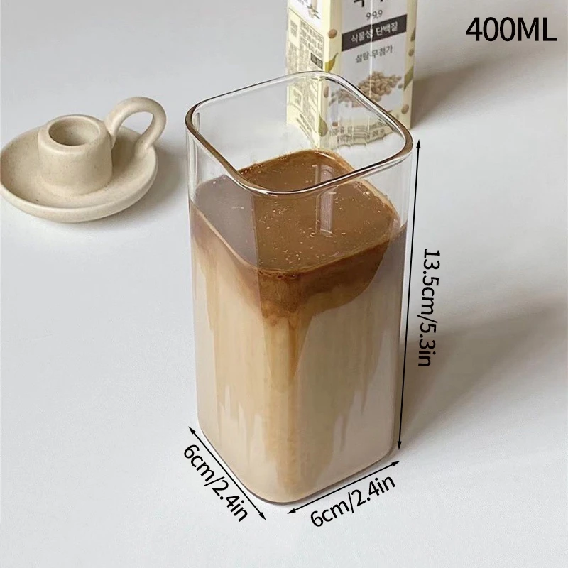 Glass Cup 400ml Square Heat Resistant Coffee Glass Cup With Lid Straw Transparent Milk Tea Juice Cup Coffee Mug For Home Bar