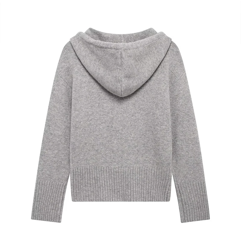 Casual Hooded Cardigans Women Gray Long Sleeve Soft Zipper Ribbed Sweater Female 2025 Spring Fashion Simple Slim-fit Top New
