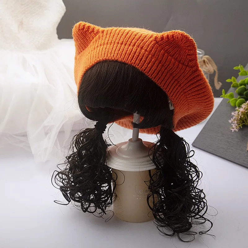 Kid Girls Knit Beret Hat Long Hair Braid Cap Daily Synthetic Children Baby Hats Winter Warm Outdoor