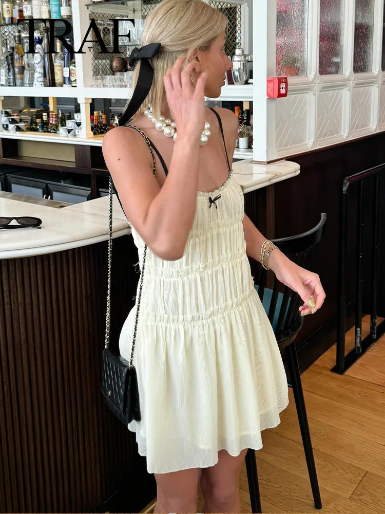 

TRAF Summer Fashion Women Elegant Ruffled Textured Dress Woman Sweet Bow Decoration Sleeveless Backless Slip Mini Dresses Mujer