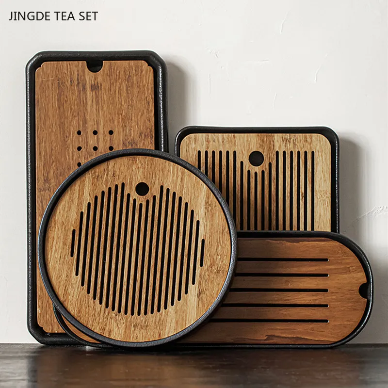 Black Ceramic Tea Tray Bamboo Panel Serving Tray Tea Set Supplies Water Storage Type Tea Table Living Room Trays Decorative