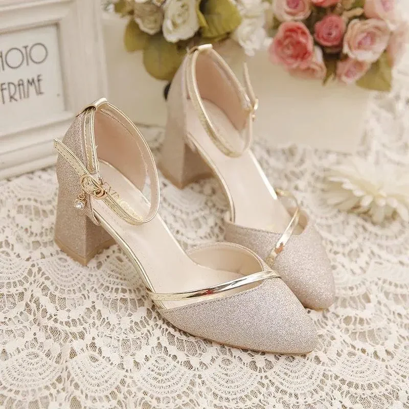 Summer Women's Pointed Head High Heeled Sequin Sandals women slingback sandals women high heels shoes Woman Sexy Shoes Fashion Pearl Decoration Slingback Female Pumps