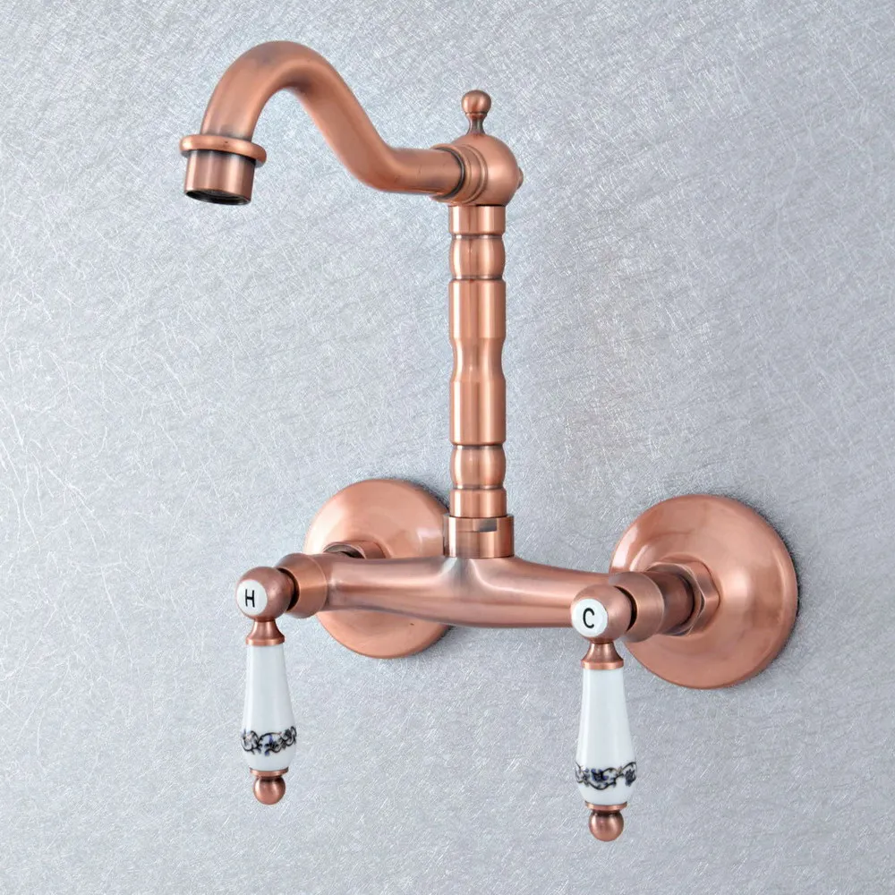 Antique Red Copper Brass Two Ceramic Handles Wall Mounted Kitchen Bathroom Swivel Spout Faucet Mixer Tap asf895