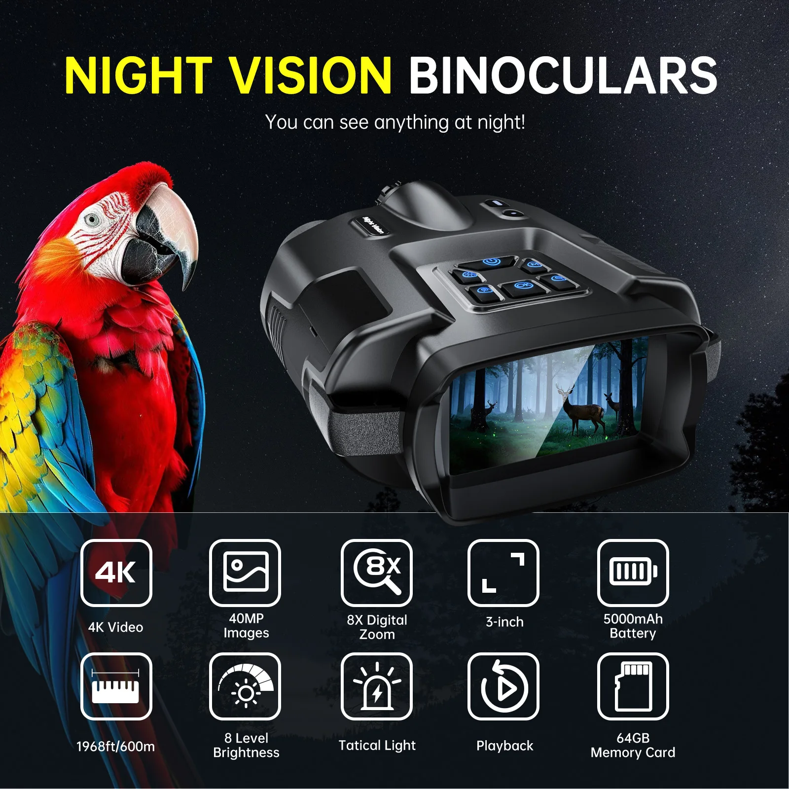 4K Digital Night Vision Binoculars – 8X Zoom, 600m Infrared Night Vision, 5000mAh Rechargeable Battery & 64GB Memory Card for Wildlife Observation & Outdoor Use 2