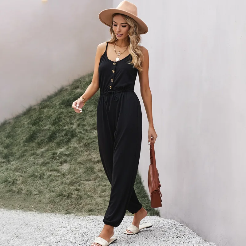 

Shiying Summer New Waist Wrapped Black Jumpsuit Women's Strap Capris 641368