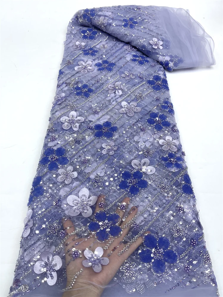 

Blue African 3D Lace Fabric 5 Yards 2023 High Quality With Beads Embroidered French Nigerian Sequins Lace Fabric For Wedding