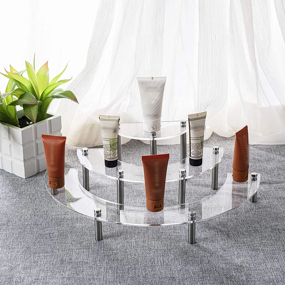 

1pcs Clear Acrylic 3 Tier Tabletop Display Half Moon Shelf Riser W/ Silver Metal Legs Storage Rack Desktop Organizer