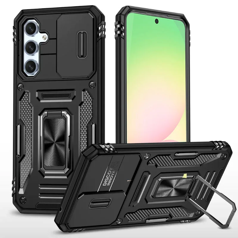 Rugged Armor Phone Case with Slide Camera Protector & Magnetic Ring Stand Cover