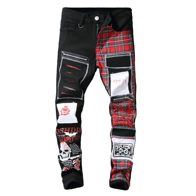 

Korean fashion men ripped jeans with patches skull patchwork patched pants printed plaid graphic spodnie jeansowe streetwear boy