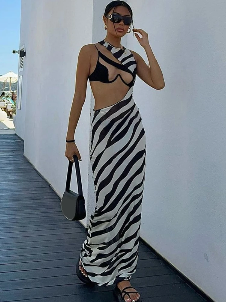

Nice Outfit Pretty Personalized Spicy Girl Style Sexy Mesh Perspective Sleeveless Slim Fit Beach Resort Dress